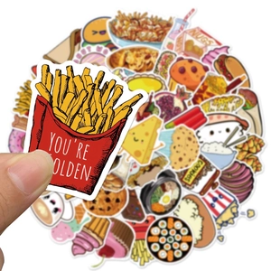 Close-up of waterproof cartoon food stickers featuring fries and snacks for laptop decor