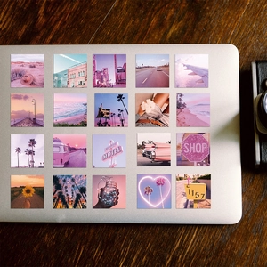 Detailed grid of 20 vintage aesthetic pink California sunshine stickers on a laptop