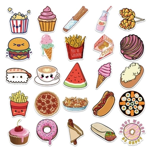 Detailed grid view of 25 cute waterproof food stickers featuring burger, fries and pizza
