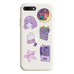 White iPhone case with 50 purple aesthetic girlhood graffiti stickers and floral art