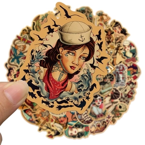 Detail of vintage American sailor girl tattoo stickers for luggage and skateboards