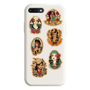 Detail of vintage nautical tattoo art on a white phone case with sailor girl illustrations