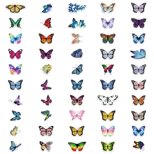 Set of 45 colorful butterfly stickers for laptop and luggage in a diverse matrix layout