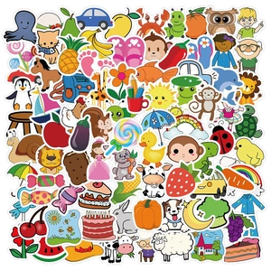 Detailed macro shot of diverse waterproof cartoon stickers for kids' water bottles and laptops