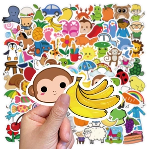 Detailed view of waterproof cartoon stickers for kids' luggage and scooters showing patterns