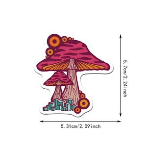 Detailed size chart showing a colorful cartoon mushroom sticker with precise dimensions