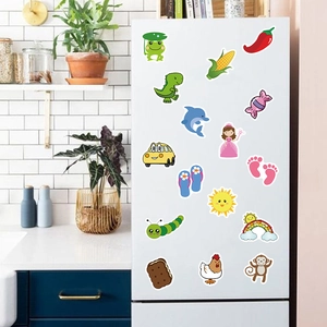 Cartoon magnetic stickers with animals and cars displayed on a white refrigerator door