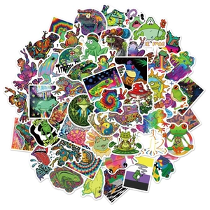 Close-up of vibrant psychedelic frog stickers with trippy and cartoon illustrations