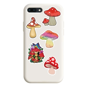 Close-up of white iPhone case with various colorful hand-drawn mushroom stickers