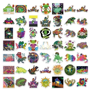 Pack of 50 colorful psychedelic hippie frog stickers for laptops and luggage decor