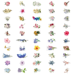Pack of 100 colorful watercolor flower stickers in a 5x10 grid on a white background