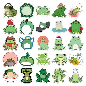 Detailed 5x5 grid view of waterproof cartoon frog stickers for laptops and luggage