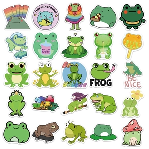 Detailed close-up of waterproof cartoon frog stickers with diverse cute creative designs