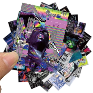 Close-up of acid graphics style stickers with vibrant psychedelic colors and abstract art