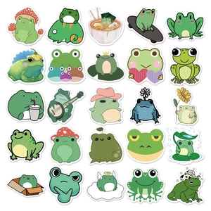 Matrix display of 25 waterproof cartoon frog stickers for luggage and laptops