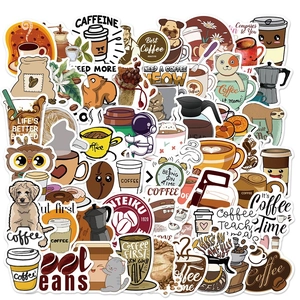 Cartoon Coffee Theme PVC Waterproof Stickers For Laptop Suitcase Skateboard Fridge Graffiti Decorative Label Stickers