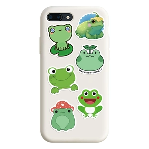 Close-up of waterproof cartoon frog stickers on white phone case for laptop and luggage