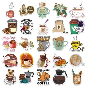Set of 25 coffee themed cartoon stickers for decorating laptops and luggage cases