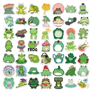 Set of 50 cartoon frog stickers for luggage and laptops with cute green designs