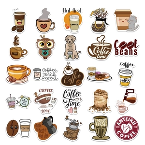 Set of 50 cartoon coffee drink stickers for laptops and luggage with cute animal designs