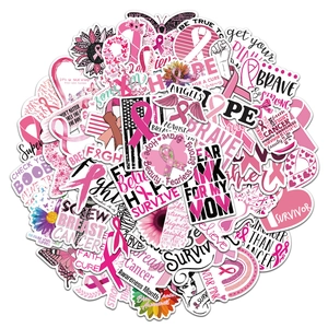 50pcs Pink Ribbon Breast Cancer Awareness stickers for laptop, water bottle and luggage