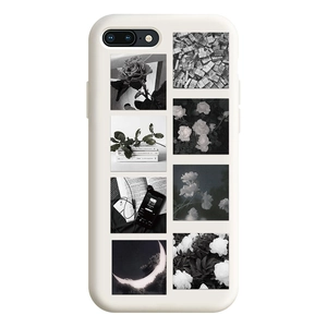 Gros plan sur la coque de téléphone beige avec un collage de photos noir et blanc