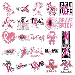 Flat lay of pink ribbon breast cancer awareness waterproof vinyl stickers set