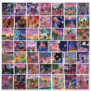 Flat lay showing 50 pieces of psychedelic art aesthetic stickers for laptops and skateboards