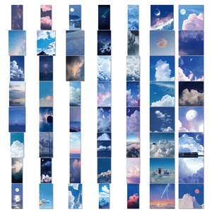 Close-up of 56 aesthetic blue sky landscape stickers for scrapbooking and decoration