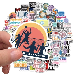 Close-up of a hand holding a volleyball sticker from a 50-piece waterproof sports decal set