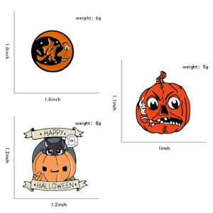 Detail view of Halloween enamel pins set with product weights and dimensions shown