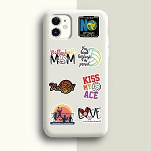Close-up of colorful volleyball stickers with slogans applied to a white smartphone case