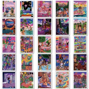 Detail view of 25 psychedelic art stickers featuring vibrant trippy mushrooms and alien designs