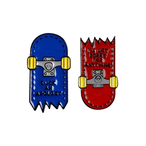 Cartoon skateboard enamel pin set with street style text and yellow wheels on white background