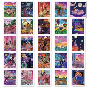 Set of 25 trippy art PVC stickers featuring vibrant purple psychedelic aesthetic designs