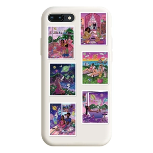 Detail of cream iPhone case featuring six colorful hand-drawn aesthetic lifestyle illustrations