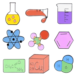Set of 9 science chemistry enamel pins with flasks, atom models and chemical symbols