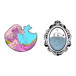Retro mirror and drift bottle enamel pins with pink waves and vintage frame design