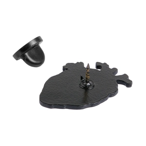 Anatomical heart enamel pin back view with black rubber clutch on metal base