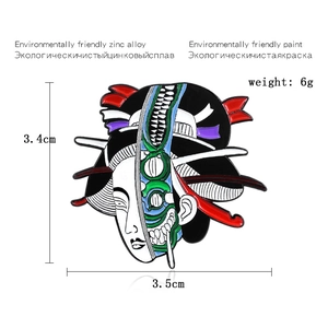 Detailed view showing Japanese Geisha mask brooch dimensions of 3.4cm by 3.5cm