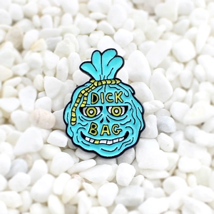 Quirky turquoise drawstring bag enamel pin with whimsical face and yellow rope details