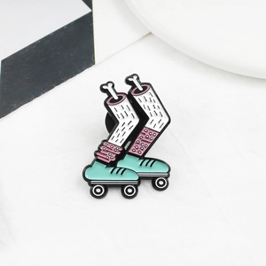 Cartoon roller skate pin featuring pink slouch socks and blue vintage skate shoes