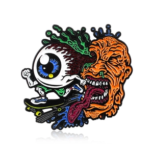 Funny Halloween long tongue and eyeball on skateboard enamel pin badge with vibrant colors