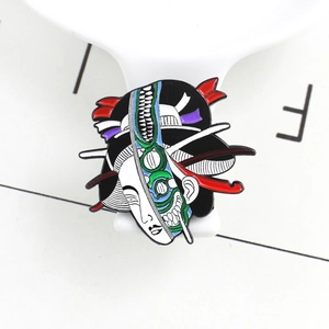Japanese Geisha Mechanical Skull Enamel Pin Alloy Brooch Creative Art Style Drip Oil Badge Halloween Costume Accessory Unisex