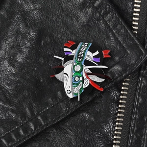 Gothic Japanese geisha and skull enamel pin on black leather jacket collar for Halloween