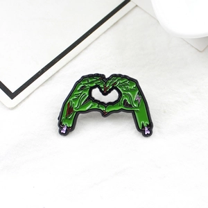 Gothic green zombie skeletal hand heart gesture enamel pin brooch for denim and bags