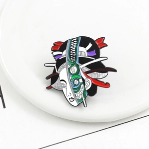 Japanese Geisha enamel pin with mechanical anatomy design on a white ceramic plate