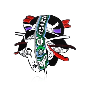 Japanese Geisha enamel pin with creative pop art split face and mechanical skull design