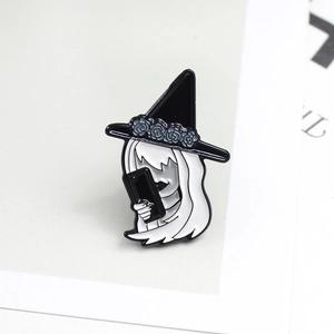 Gothic Witch Girl Enamel Brooch Pin With Black Hat Rose Selfie Design White Hair Female Portrait Halloween Alloy Jewelry Pin