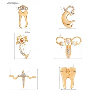 Detailed chart of six medical anatomy brooches with sizes and weights on white backdrop